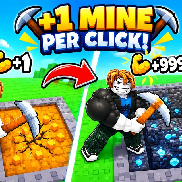 Miner swinging a pickaxe at layered blocks with a strength meter and pets