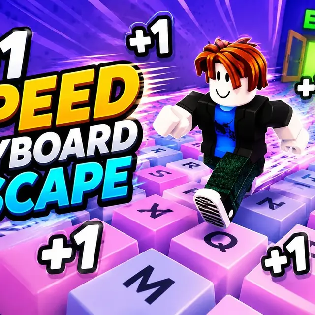 Character running along a bridge of giant keyboard keys in a pink and brown 3D obby course