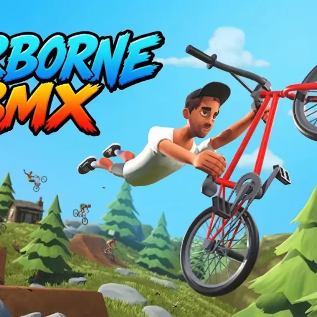 BMX rider mid-flip above a dirt ramp on a side-scrolling trail