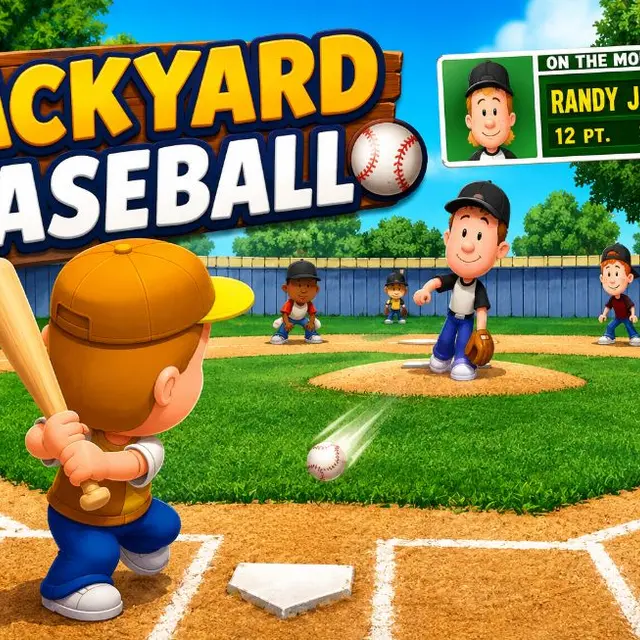 Cartoon baseball team on a backyard diamond with a batter at the plate
