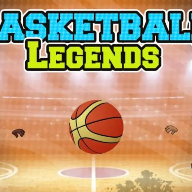 Two players contesting a shot on an arcade basketball court