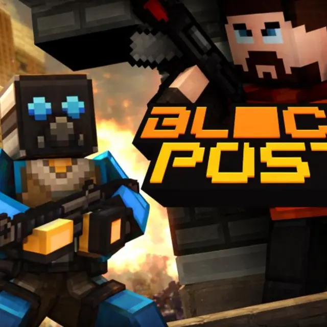 Blocky first person shooter arena with players and placed cover
