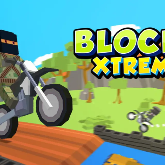 Blocky dirt bike rider leaning back over a jump