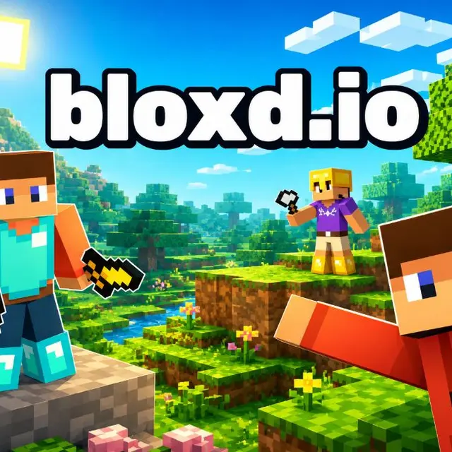 Blocky voxel world with parkour platforms and players building