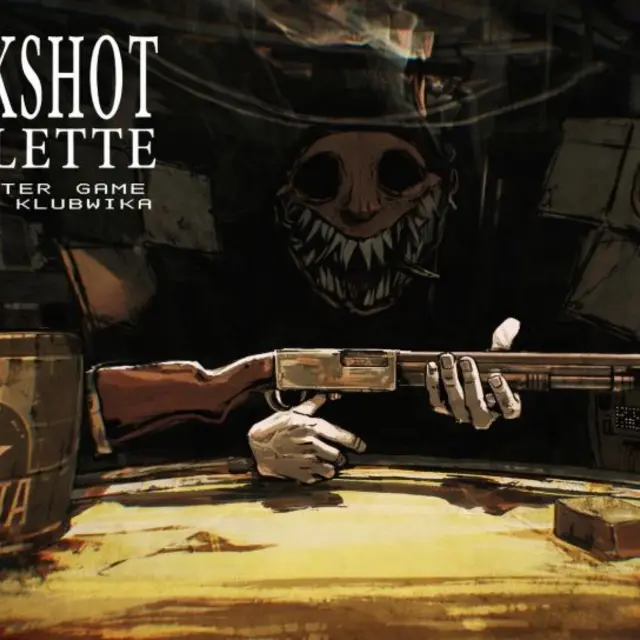 Dark table with a shotgun and a row of items between two players