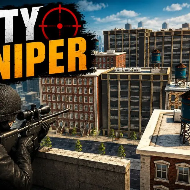 Sniper scope view over a city street from a rooftop