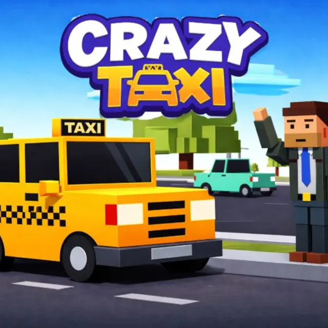 Taxi weaving through city traffic with a fare marker ahead in an arcade driving game