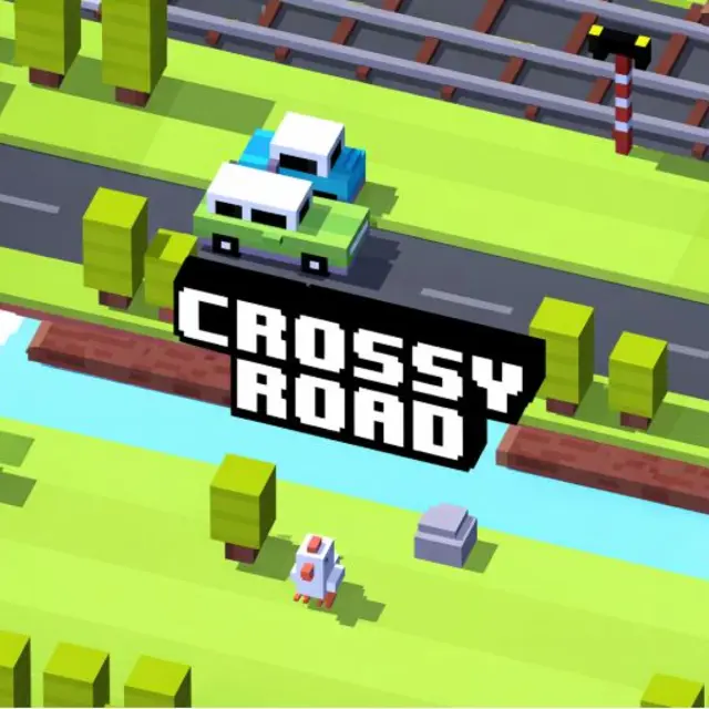 Blocky chicken hopping across a road between moving cars