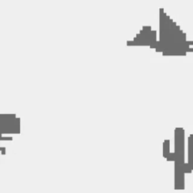 Pixel dinosaur jumping over a cactus on a flat line
