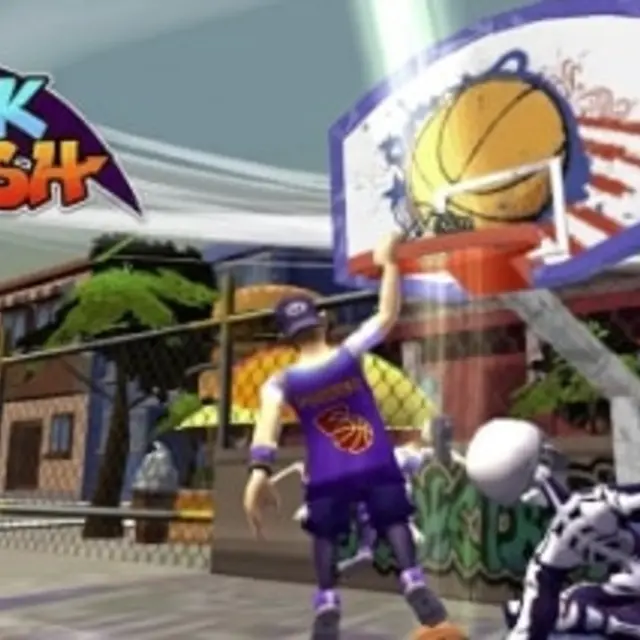 Player leaping from a platform towards a basketball hoop