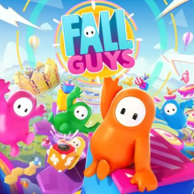 Crowd of round characters tumbling over a spinning obstacle on a colourful course