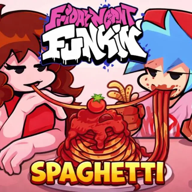 Rhythm game character facing a singing plate of spaghetti