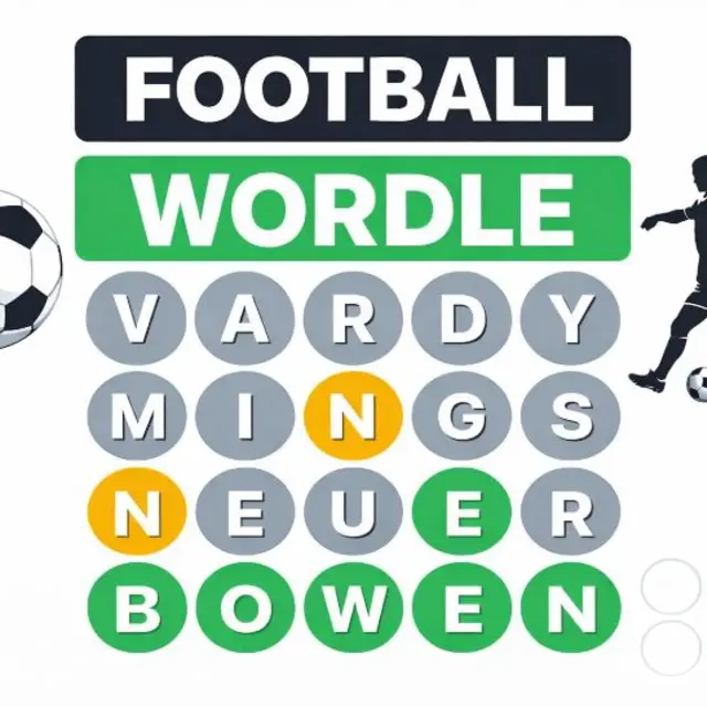 Guessing grid with letter feedback on a football themed background