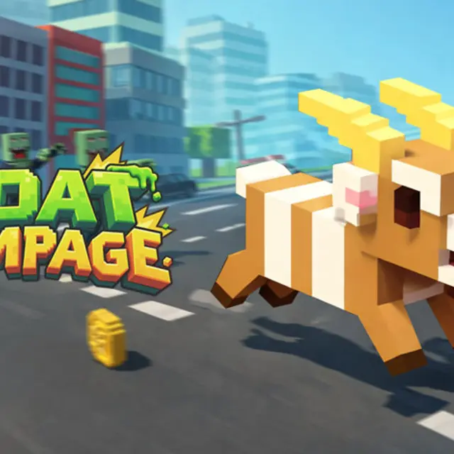 Animal charging through a voxel city scattering blocks