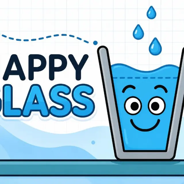 Water pouring along a drawn line towards an empty glass