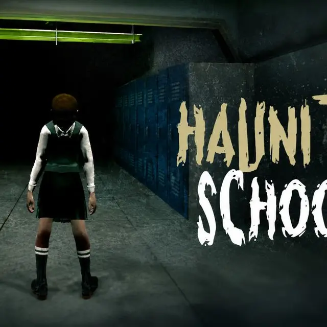 Dark school corridor with lockers seen by torchlight in a horror game