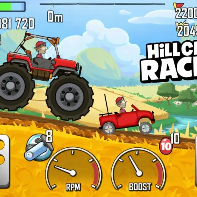 Small car climbing a steep hill with a fuel gauge and driver visible
