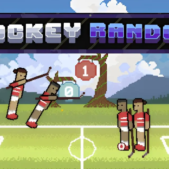 Two pixel hockey players sliding after a puck on changing ice