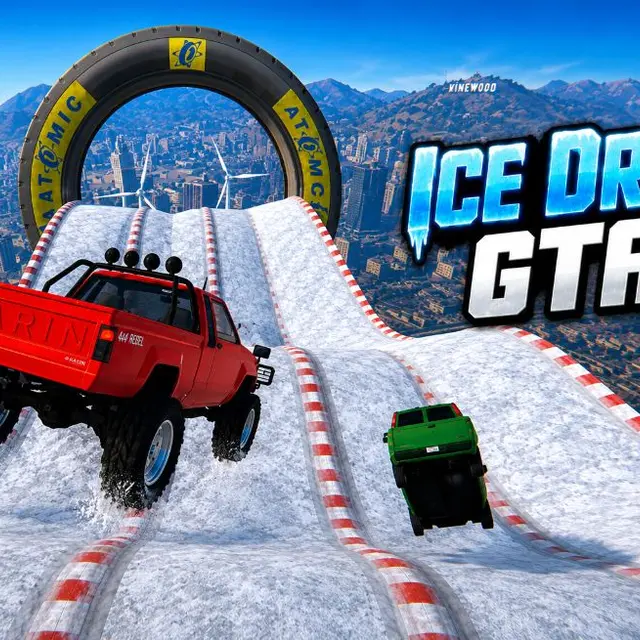 Car on a narrow ice track suspended high in the air