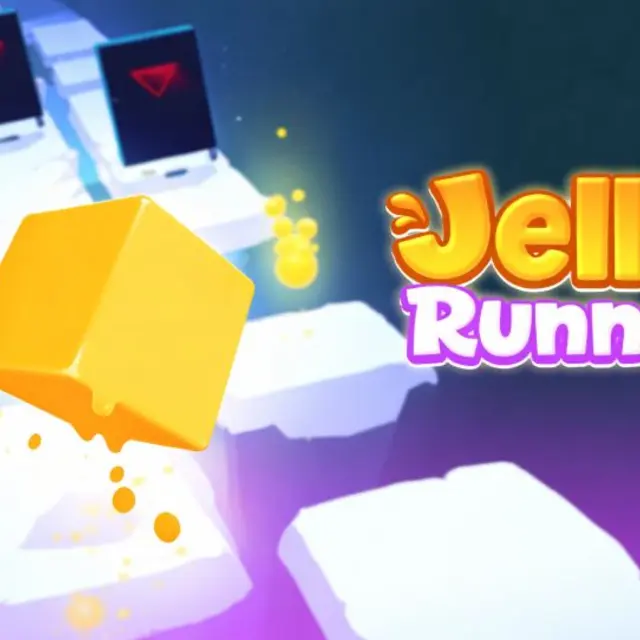 Bright three lane course with a running character jumping an obstacle