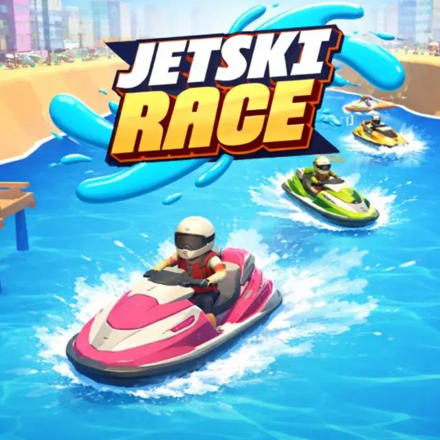 Jet ski launching off a ramp on a sunlit river course