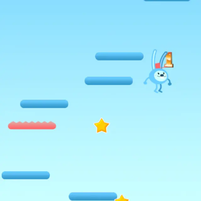 Jumper: a blue rabbit with a red cap bouncing between light blue ledges, yellow stars around it and a red spiky monster below