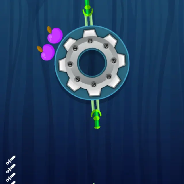 Knife: a spinning gear-shaped target with two knives stuck in it and purple apples on the side, a green knife waiting below, stage 1