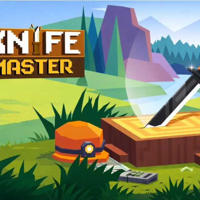 Knife spinning towards a rotating wooden target with blades already stuck in it