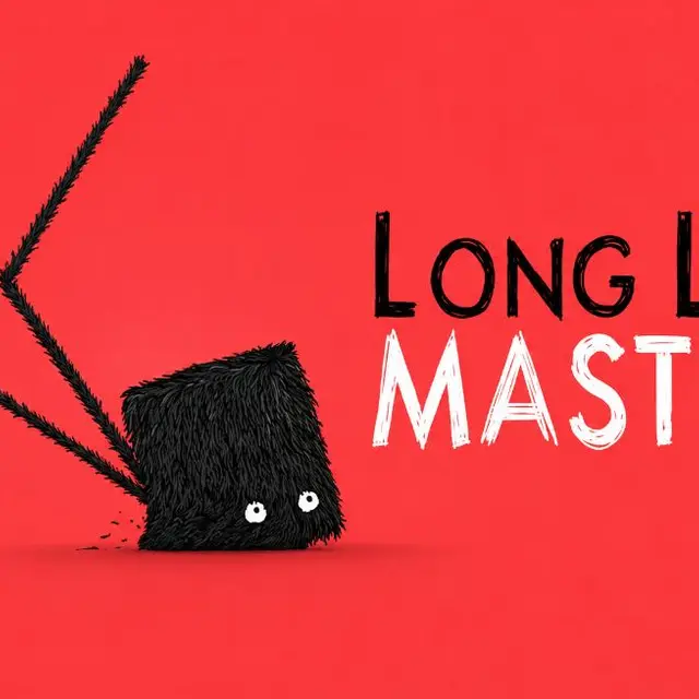 Character with extremely long legs mid stride on a narrow path