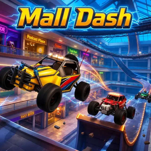 Small RC car drifting past mall displays with a security camera above