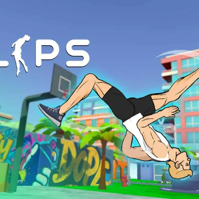Ragdoll gymnast mid somersault above a landing platform