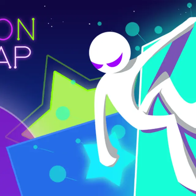 Glowing character leaping between neon platforms above darkness