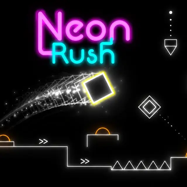 Neon square jumping past pulsing obstacles in time with a beat