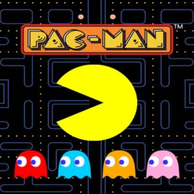 Classic maze with a yellow character, dots and four ghosts