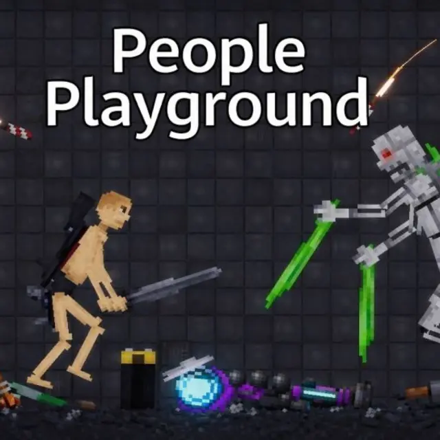 Physics sandbox scene with a built contraption and a ragdoll