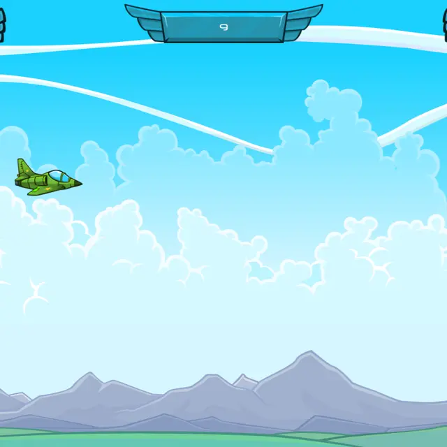 Plane Wars: a green jet fighter over clouds and mountains, a pink enemy plane below it and the score counter at the top