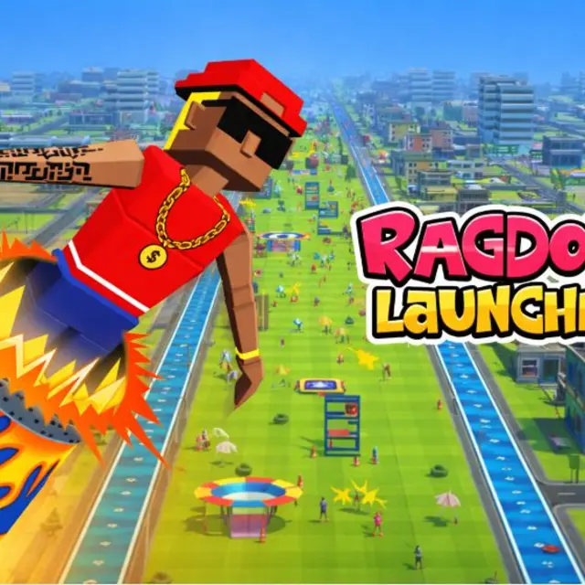 Ragdoll flying down a city street after being fired from a cannon