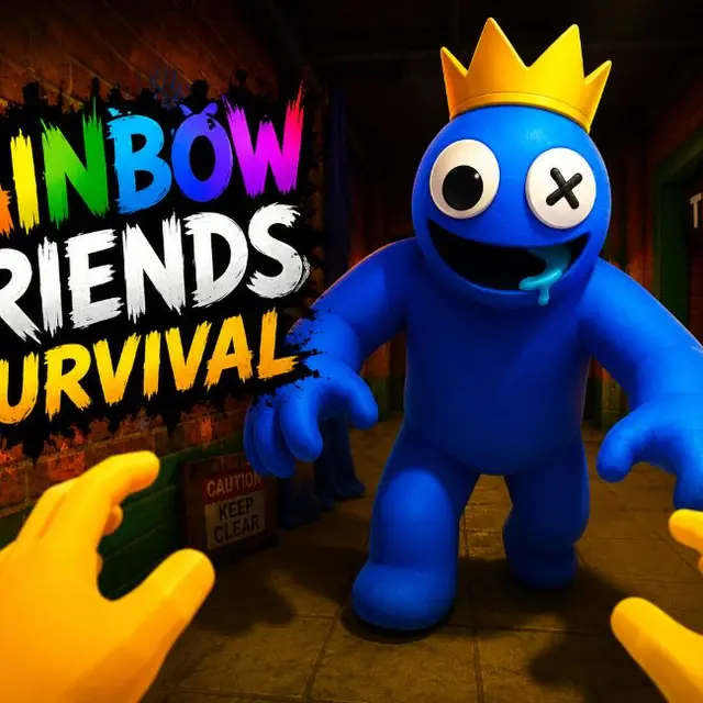 Dark corridor with a large colourful figure and a hiding spot nearby