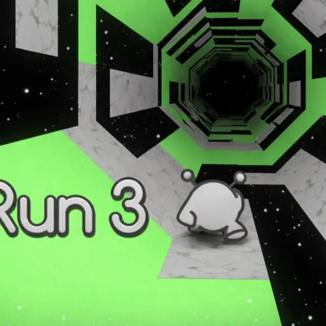 Small character running inside a floating space tunnel with holes in the floor