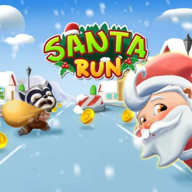 Festive character sliding across snowy rooftops past chimneys