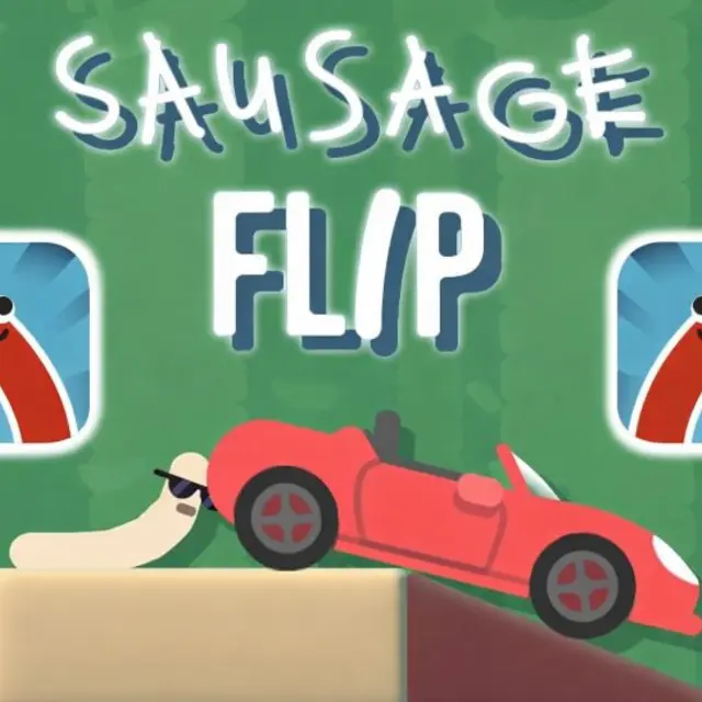 Cartoon sausage flipping through the air toward a platform