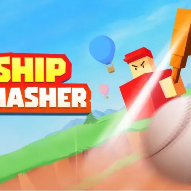 Pixel character swinging a bat at a projectile above a harbour full of ships