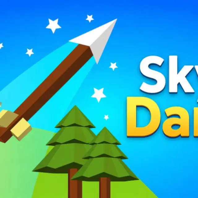 Arrow arcing across a stylised landscape in a distance archery game