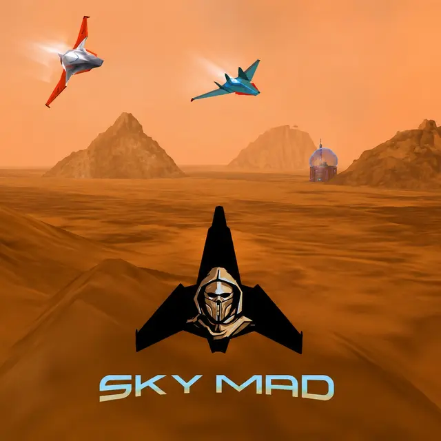 Jet fighter banking past rivals over open desert