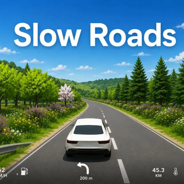 Car on an empty road through generated hills at dusk