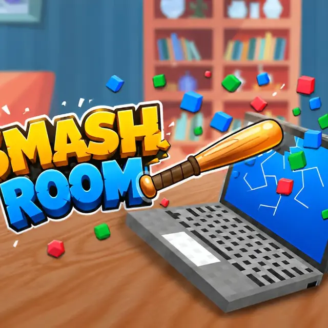 Furnished room with broken shelves and shattered glass