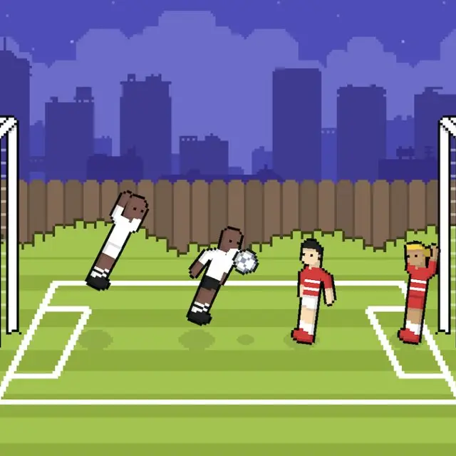Two wobbly footballers jumping for the ball on a changing pitch