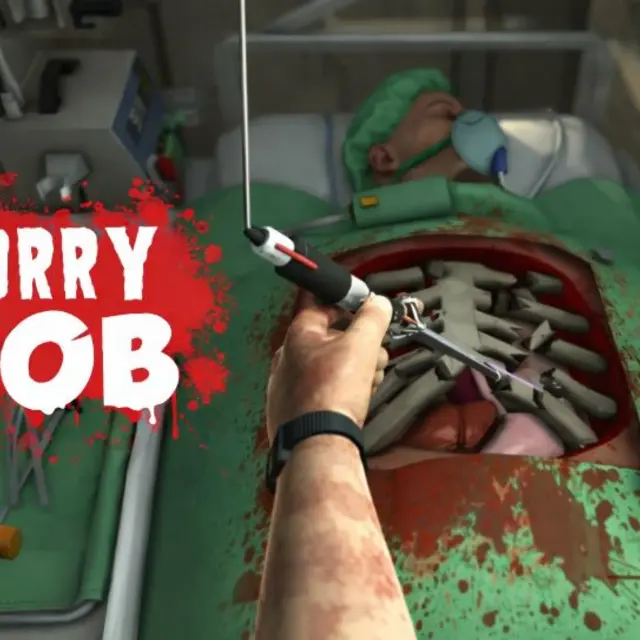 Cartoon surgery table with scattered instruments in a deliberately clumsy simulator