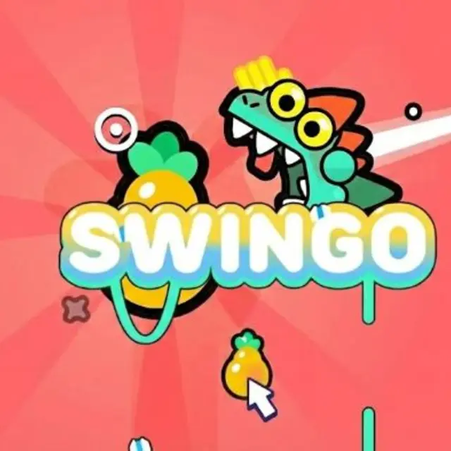 Round character swinging from a sticky hook toward a piece of fruit