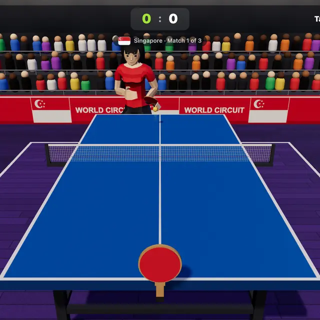 3D table tennis from behind a red paddle, blue table, animated opponent in a green shirt at the far end, crowd and flags behind